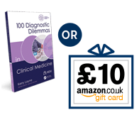 Image of 100 Diagnostic dilemmas book and illustration of £10 amazon voucher in a gift box